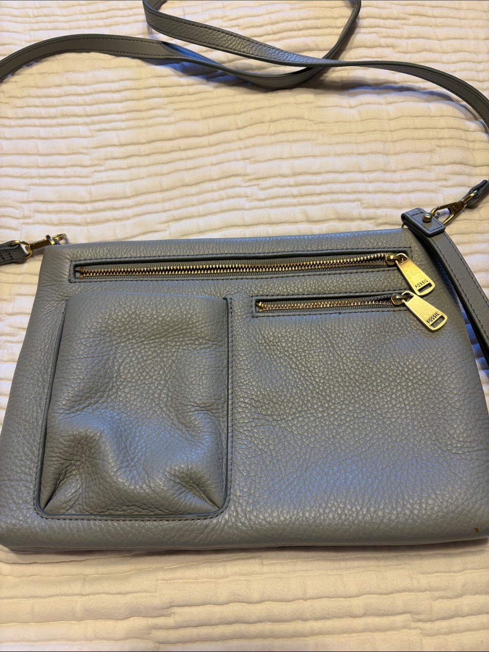 Fossil Light Gray Leather Crossbody with Gold Hardware